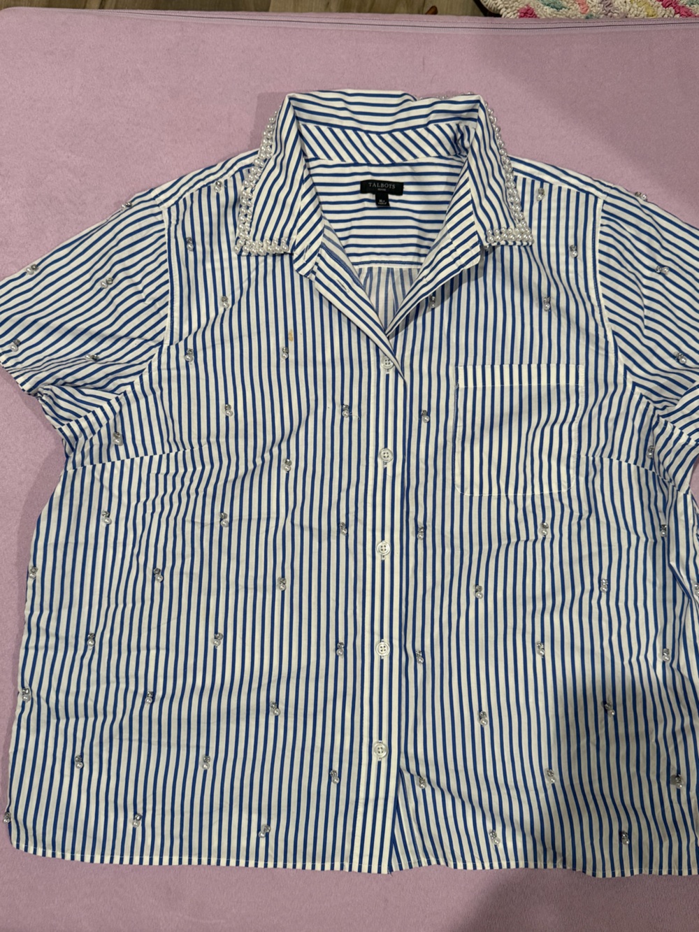Talbots Blue and White Striped Short-Sleeve Button-Down Shirt with Crystal Trim